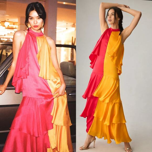 New Anthropologie Pinnacle Shruti Sancheti Mock-Neck Colorblock Ruffle Dress XS - Picture 1 of 8